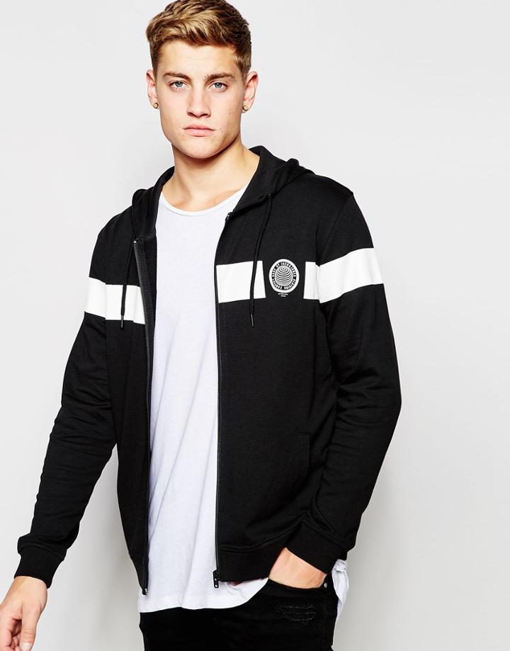 Jack & Jones Zip Up Hoodie With Chest Stripe Print - Black