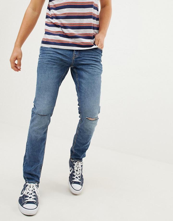 Esprit Stretch Skinny Fit Jeans In Vintage Wash Blue With Knee Rips - Blue