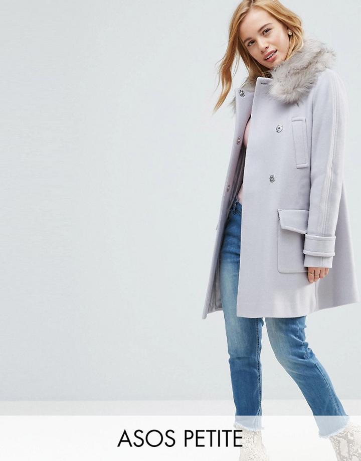 Asos Petite Slim Coat With Faux Fur Trim - Gray