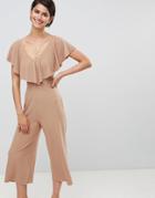 Asos Design Jumpsuit In Rib Jersey With Overlay Detail - Tan