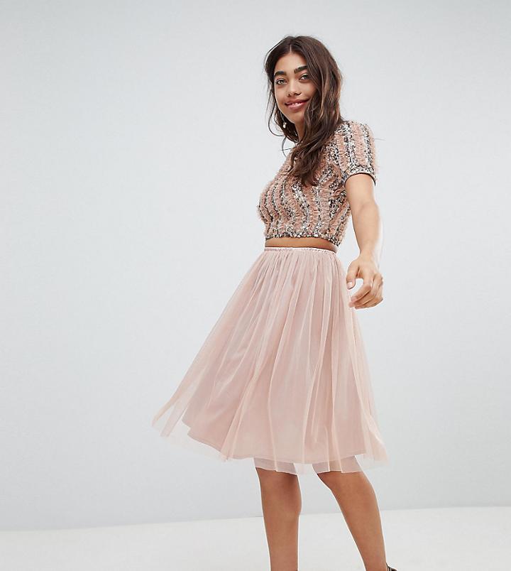 Lace & Beads Tulle Midi Skirt In Mink-neutral