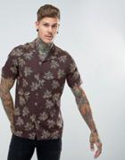 Asos Regular Fit Viscose Shirt With Leaf Print And Revere Collar - Red