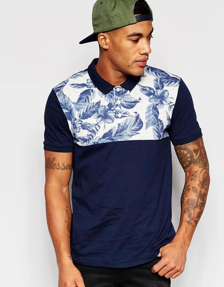 Asos Polo With Floral Yoke Print In Black - Navy