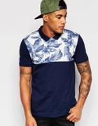 Asos Polo With Floral Yoke Print In Black - Navy