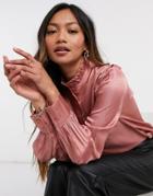 Vila Satin High Neck Blouse With Balloon Sleeve In Pink