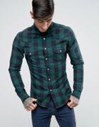 Asos Skinny Western Buffalo Plaid Shirt In Green - Green