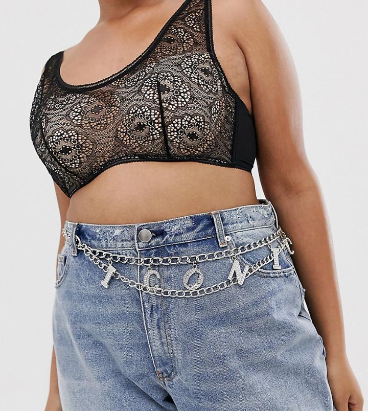 Asos Design Curve Rhinestone Iconic Slogan Chain Waist And Hip Belt - Silver