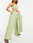 Asos Design Washed Linen Suit Wide Leg Pants In Green