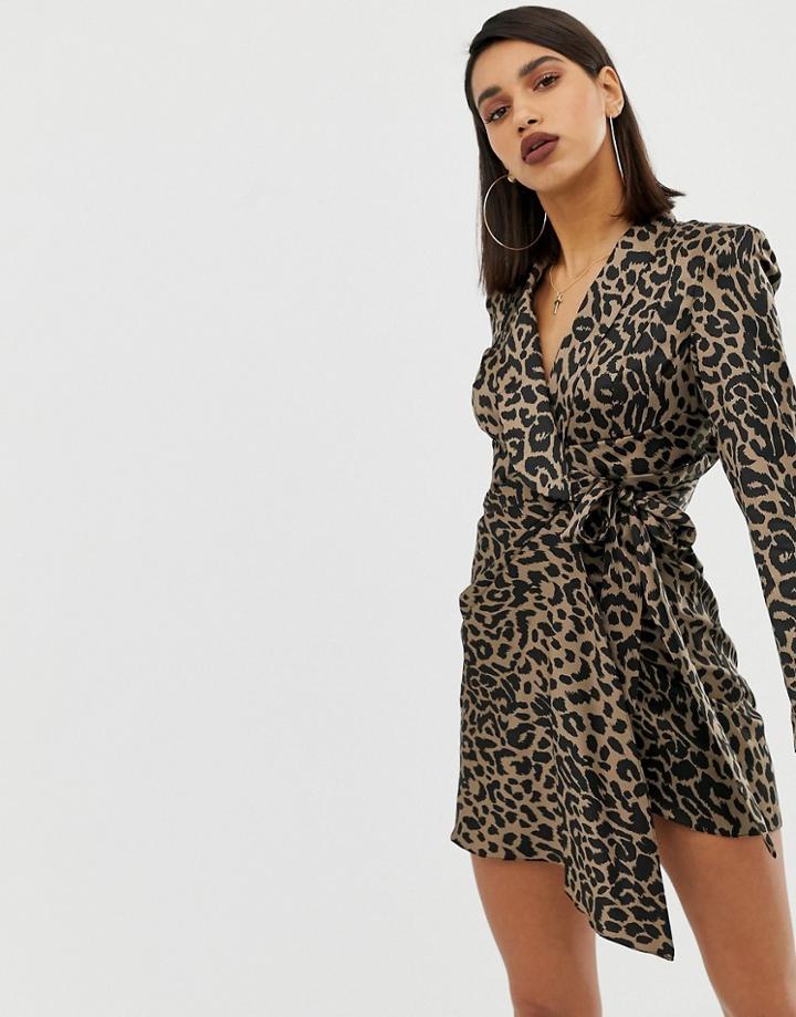 Asos Design Leopard Print Tux Mini Dress In Crepe And Satin-multi