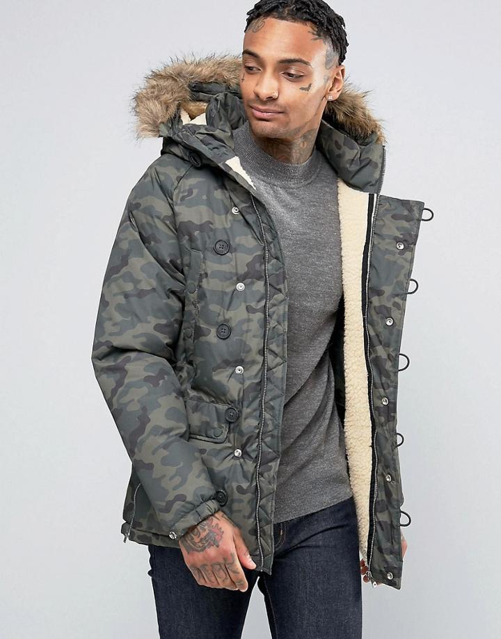 Pull & Bear Parka Jacket With Detachable Faux Fur Hood In Camo - Green
