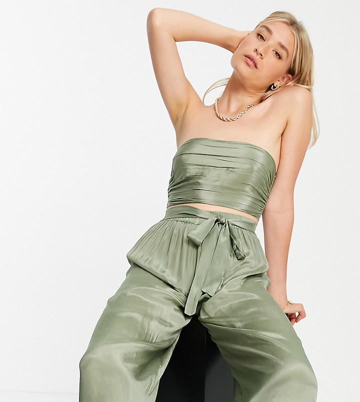 Asos Design Tall Ruched Bandeau Matching Beach Top In Khaki-green