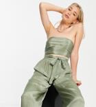 Asos Design Tall Ruched Bandeau Matching Beach Top In Khaki-green