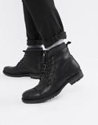 Asos Design Lace Up Work Boots In Black Leather With Faux Shearling Lining - Black