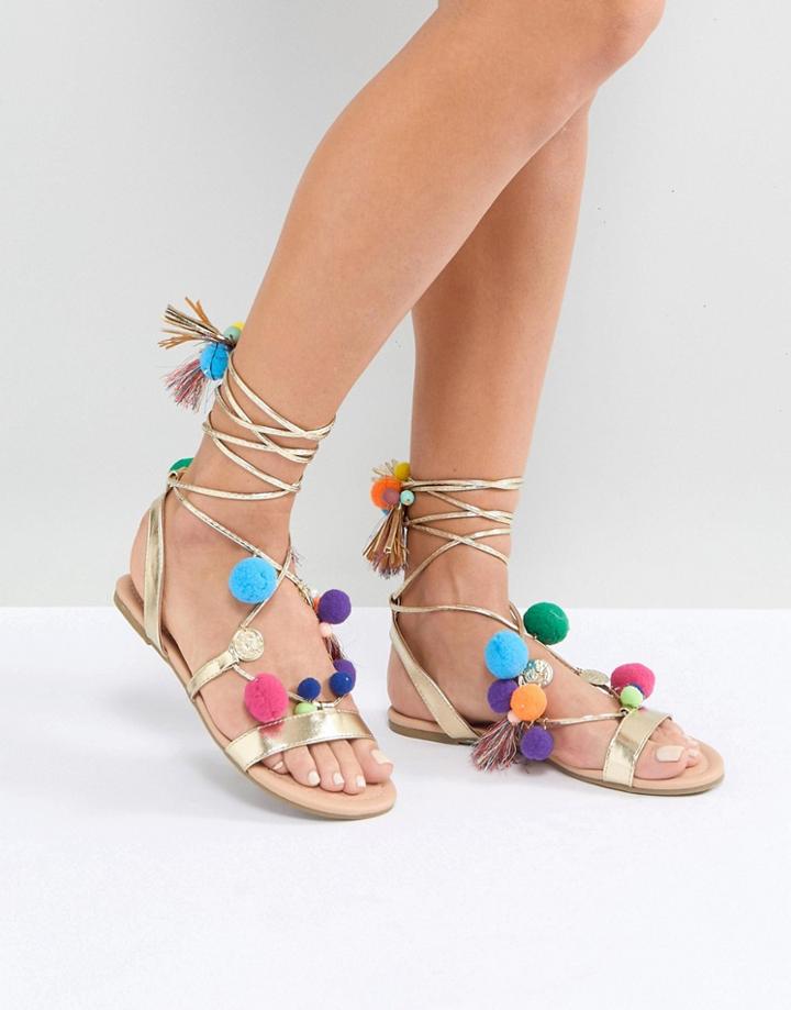 Asos Facemask Pom Pom Flat Sandals - Gold