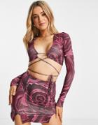 Pull & Bear Long Sleeved Swirl Print Top With Tie Front Detail In Pink - Part Of A Set