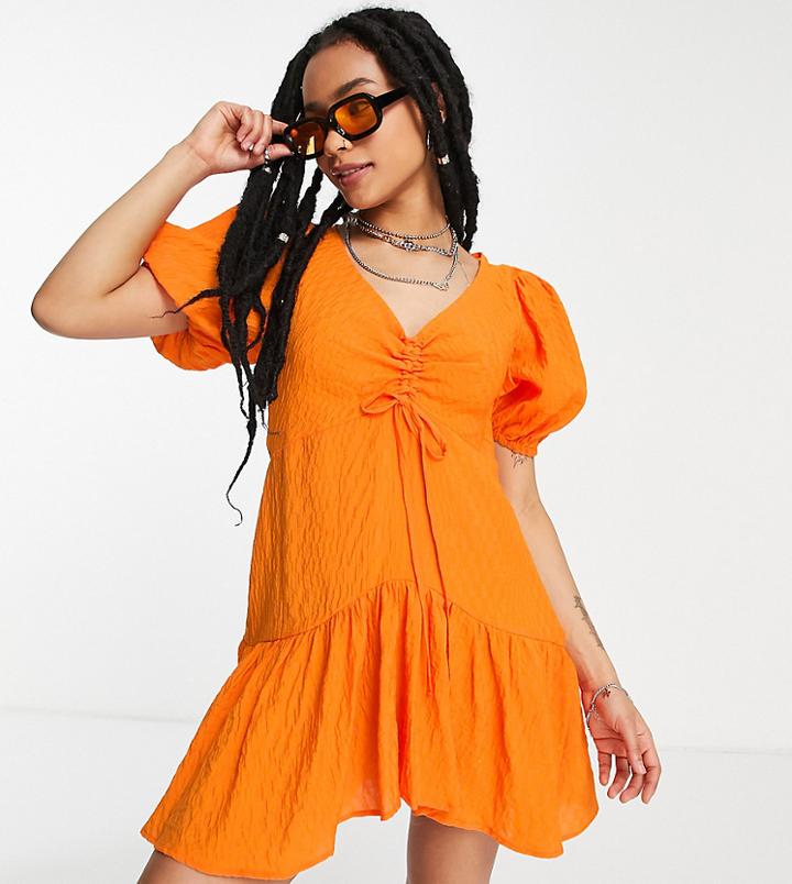 Topshop Petite Textured Ruched Front Mini Tea Dress In Orange