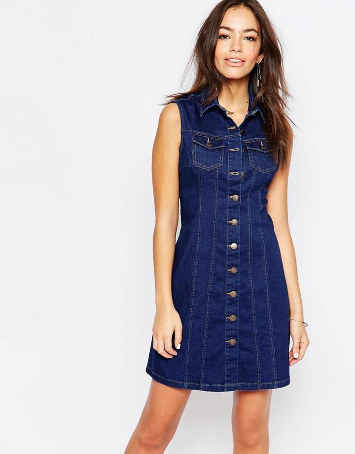 New Look Button Front Denim Dress - Blue