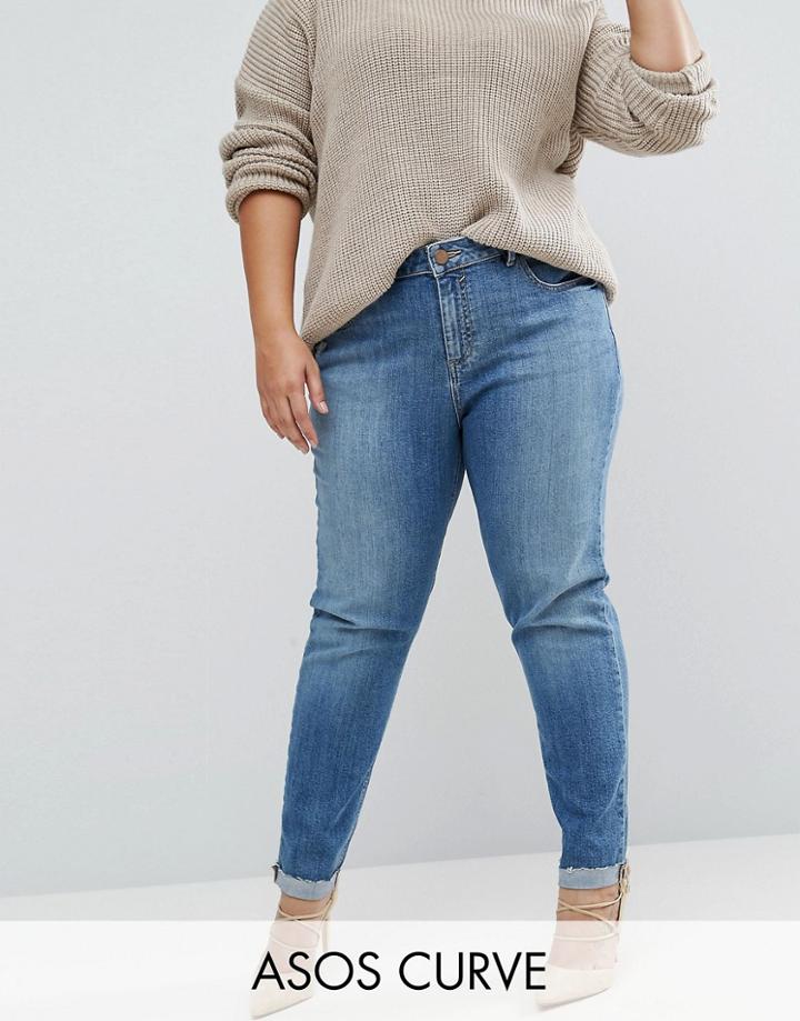 Asos Curve Asos Kimmi Shrunken Boyfriend Jeans In Clover Mid Stonewash With Raw Hem Turn-up - Blue