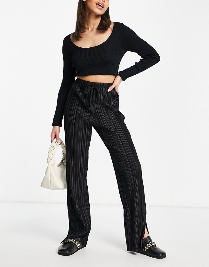 Topshop Straight Leg Plisse Pant With Split Hems In Black