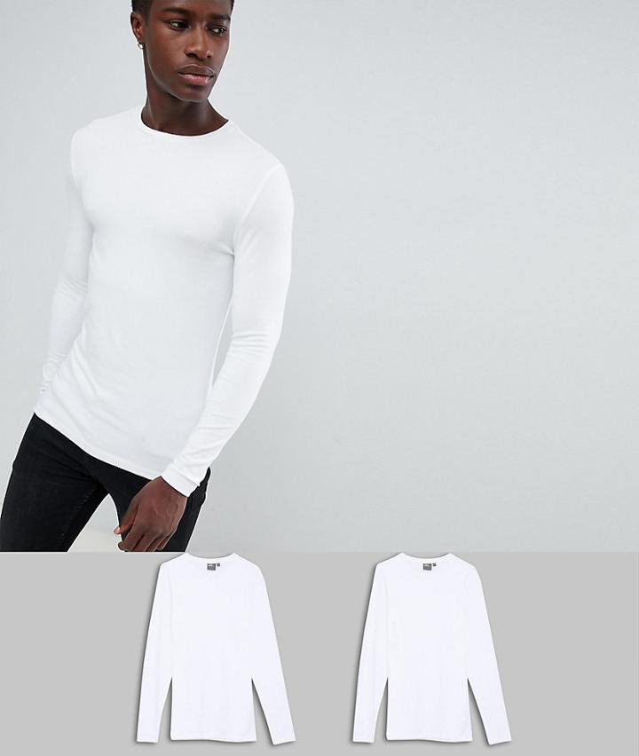 Asos Design Muscle Fit Long Sleeve T-shirt With Crew Neck 2 Pack Save - White