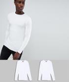 Asos Design Muscle Fit Long Sleeve T-shirt With Crew Neck 2 Pack Save - White