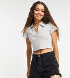 Topshop Petite Rib Collar T-shirt In Gray-grey