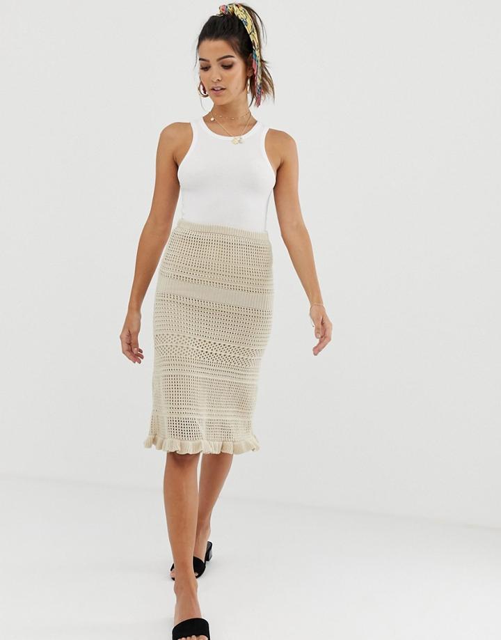 Skylar Rose Crochet Midi Skirt With Frill Hem - Beige