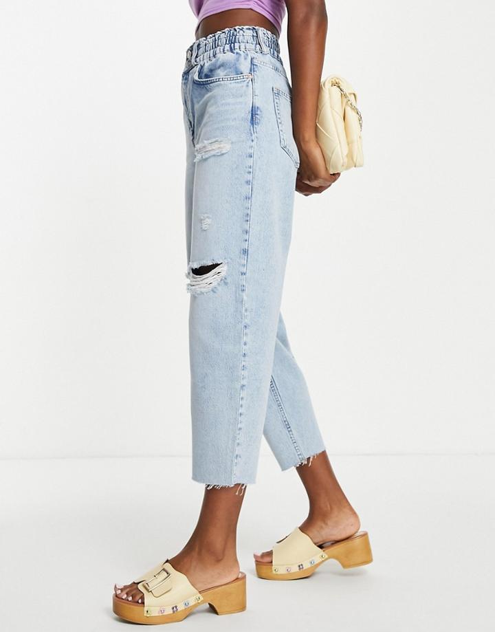Allsaints Hailey Elastic Waist Band Boyfriend Jeans With Rips In Light Wash-blue