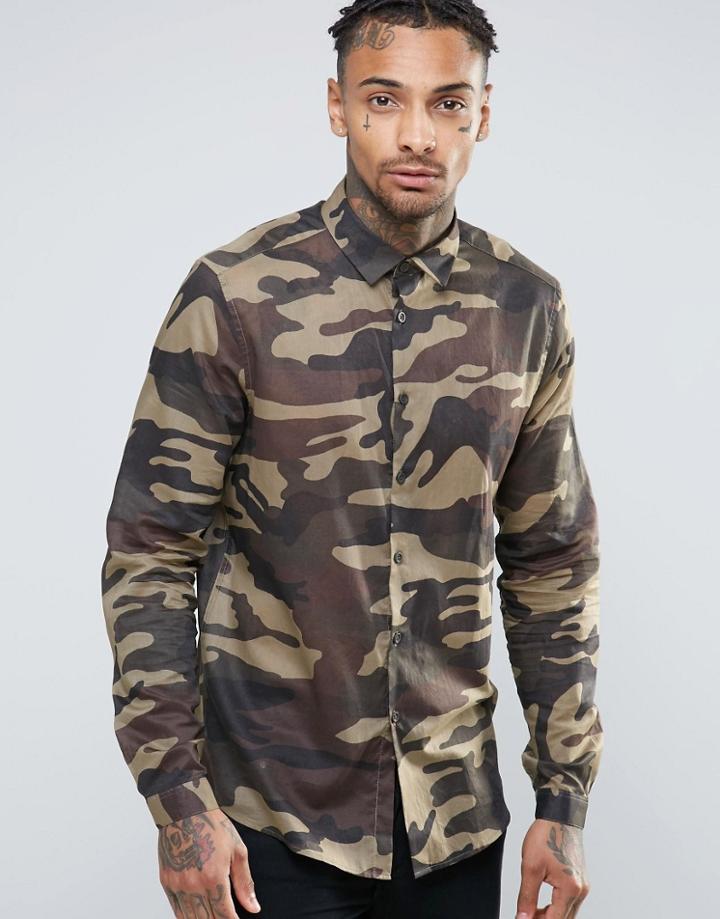 Asos Sheer Shirt In Camo Print In Regular Fit - Green