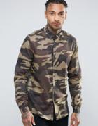 Asos Sheer Shirt In Camo Print In Regular Fit - Green