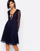 Daisy Street Skater Dress In Lace With Plunge Neck - Navy
