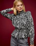 Topshop Paisley High Neck Blouse In Monochrome-multi