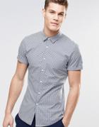 Asos Skinny Shirt In Navy Gingham Check With Short Sleeves - Navy