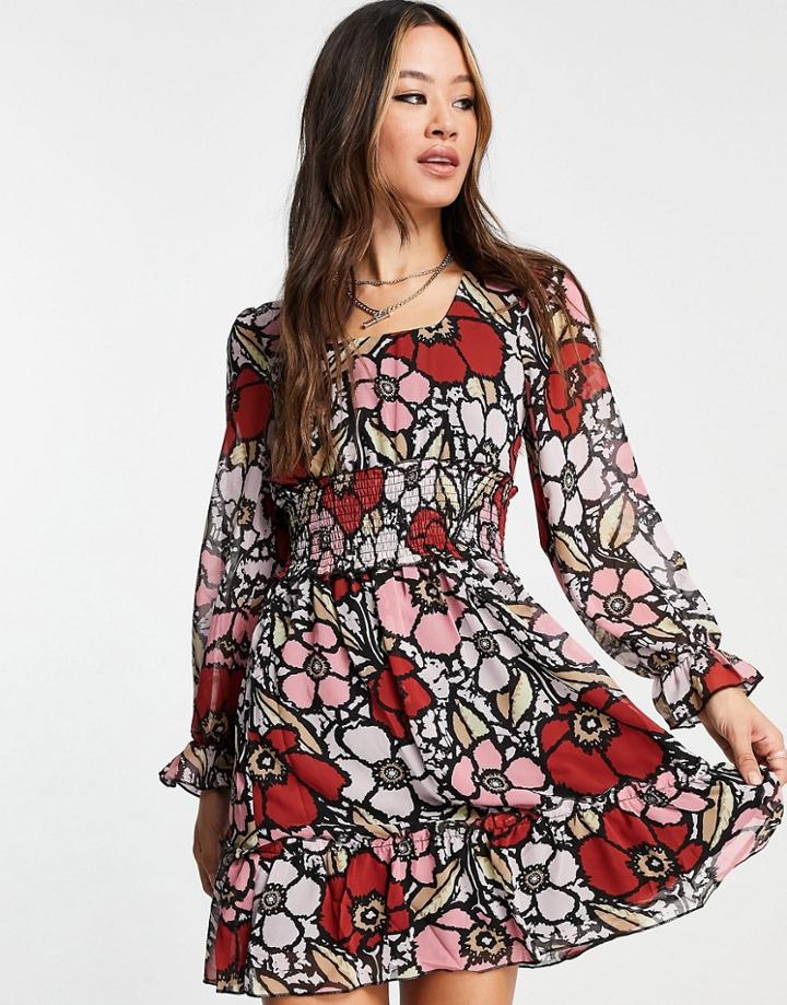 Only Long Sleeve Mini Dress With Shirred Waist In Colorful Floral-black