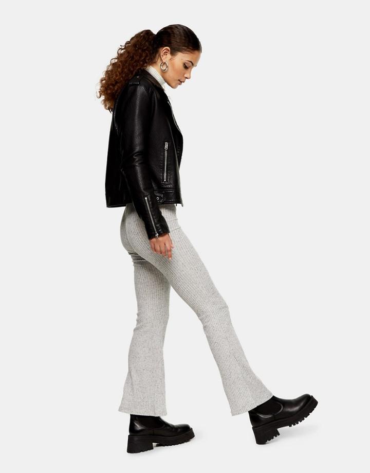 Topshop Ribbed Flared Pants In Gray-brown