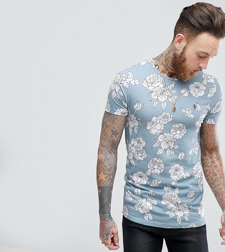 Noose & Monkey Longline Muscle Floral Print T-shirt - Blue