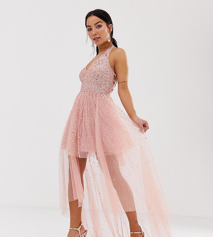 Dolly & Delicious Petite Cowl Front Embellished Mini Prom Dress With Train In Pink