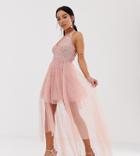 Dolly & Delicious Petite Cowl Front Embellished Mini Prom Dress With Train In Pink