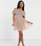 Maya Petite Bridesmaid Off Shoulder Mini Tulle Dress With Tonal Delicate Sequin In Taupe Blush-pink