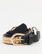Asos Design Slim Belt In Black Faux Leather With Gold Studding And Buckle
