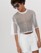 Asos Design Two-piece Oversized Cropped T-shirt With Half Sleeve In Mesh In White - White