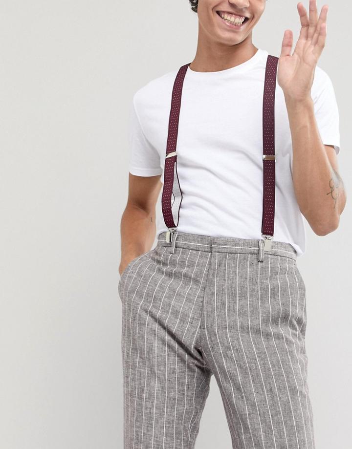 Moss London Suspenders In Burgundy Polka Dot - Red