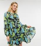 Asos Design Maternity Tiered Smock Mini Dress In Dark Based Floral-multi