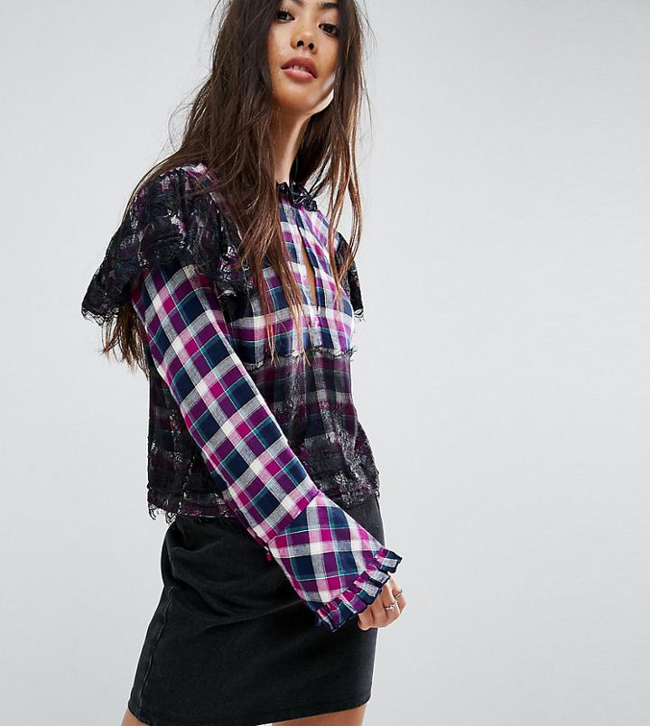 Asos Petite Check Smock Top With Lace Detail - Multi