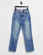 Topshop Recycled Cotton Blend Dad Jeans In Mid Blue-blues