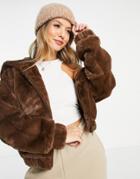 Pull & Bear Faux Fur Jacket With Hood In Brown