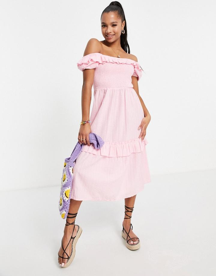 Miss Selfridge Petite Textured Frill Detail Shirred Midi Dress In Pink