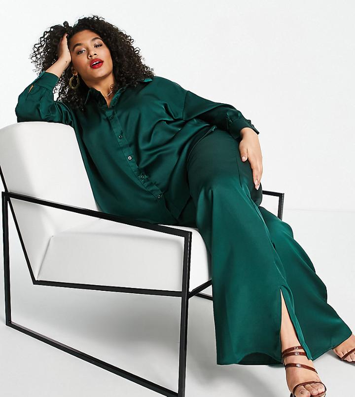 Missguided Plus Satin Split Hem Wide Leg Pants In Dark Green - Part Of A Set