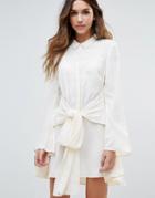 Unique 21 Tie Waist Flared Sleeve Shirt Dress - Cream