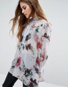 Religion Sheer Collarless Shirt In Floral Print - Gray